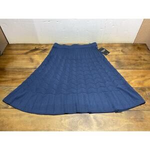 Pure Collection Women's Silk Cashmere Chevron Knit Midi Skirt Spring Navy Size L